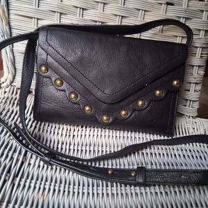 ​Lucky Brand Black Leather Scalloped Studded Crossbody Wallet Bag